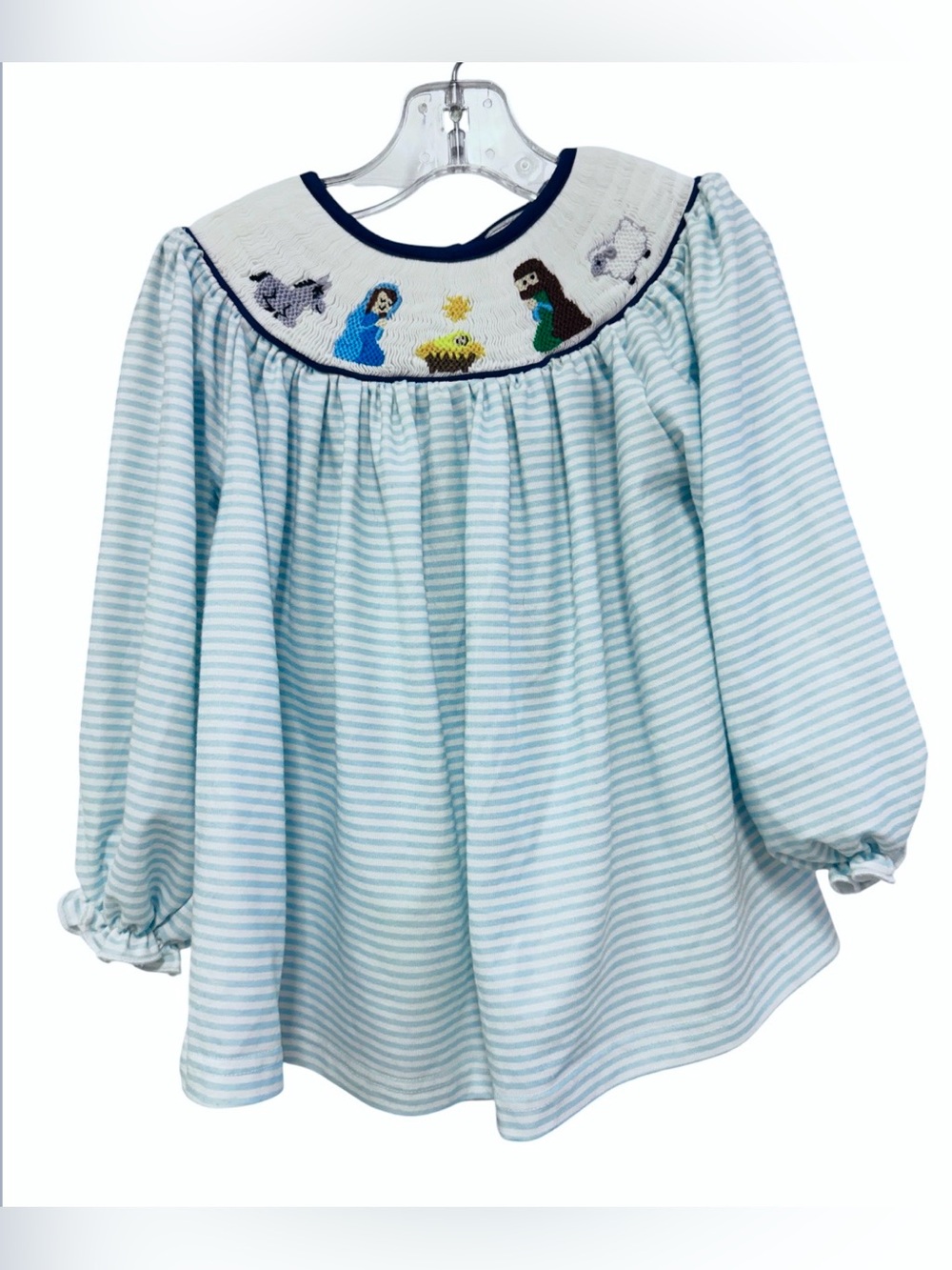 Busy Bee Smocked Pastel/Light Blue Stripe Dress with Nativity Motif Size 3